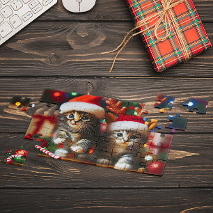 Schattige katjes met kerstman en rendierhoeden 4 legpuzzel
