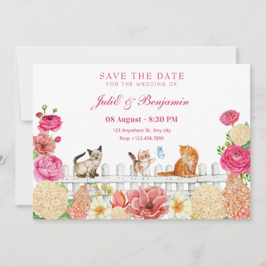 Schattige katten bloemen bruiloft save the date (Voorkant)