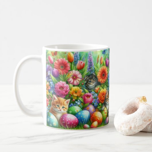 Schattige katten in bloementuin Pasen Koffiemok (Met donut)