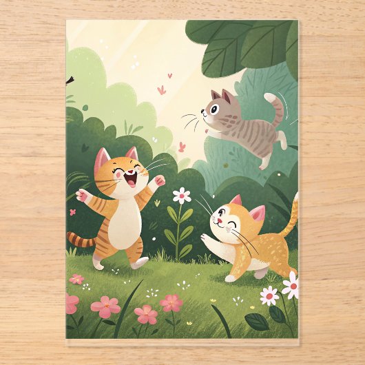 Schattige katten in het spel – Pure Garden Joy Acryl Uitnodigingen (Voorkant)