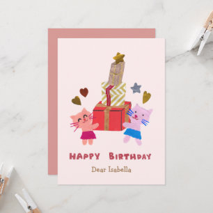 Schattige katten met cadeaus roze Happy Birthday Kaart