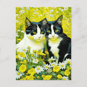 Schattige katten zitten in een veld van Daisies Briefkaart