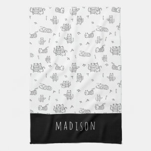 Schattige katten zwart-wit Doodle-patroon Theedoek
