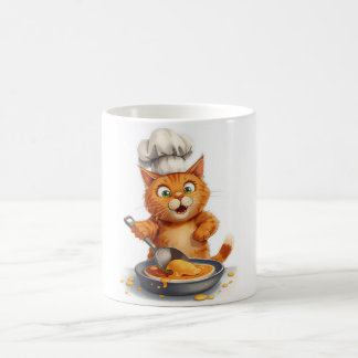 Schattige kattenkok die pannenkoeken maakt koffiemok