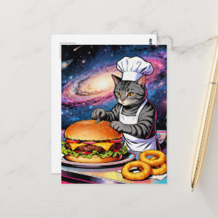 Schattige kattenkok maakt cheeseburger en uienring briefkaart