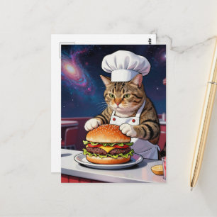 Schattige kattenkok maakt cheeseburger in ruimtere briefkaart