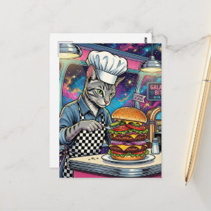 Schattige kattenkok maakt cheeseburger in ruimtere briefkaart