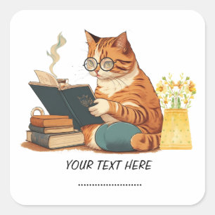 schattige kattenmoeder die een boek leest en koffi vierkante sticker