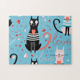 Schattige kattenpatroon op een blauwe achtergrond legpuzzel