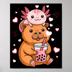 Schattige Kawaii Axolotl Capybara Bubble Tea Jonge Poster
