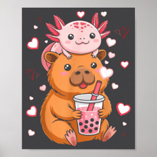 Schattige Kawaii Axolotl Capybara Bubble Tea Jonge Poster