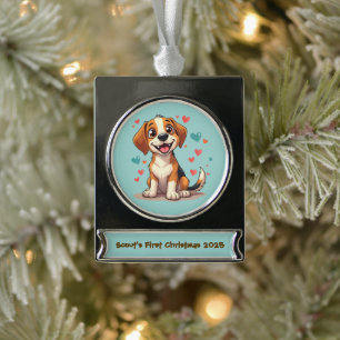 Schattige Kawaii Beagle met Harten Speelse Hond Ku Verzilverd Banner Ornament