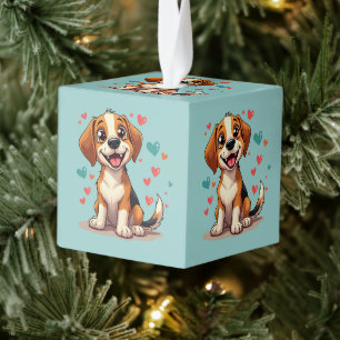 Schattige Kawaii Beagle met Hartjes Speelse Hond K Kubus Ornament