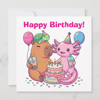 Schattige Kawaii Capybara en Axolotl Verjaardagsfe