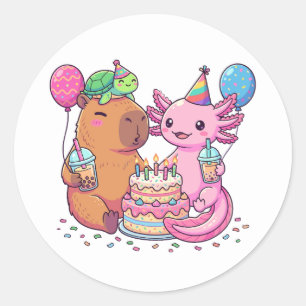 Schattige Kawaii Capybara en Axolotl Verjaardagsfe Ronde Sticker