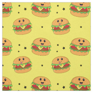Schattige Kawaii Cheeseburger Patroon op Geel Stof