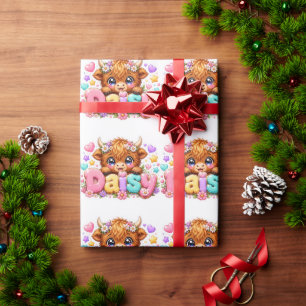 Schattige Kawaii Daisy Highland Koe Naam Pastel Ro Cadeaupapier