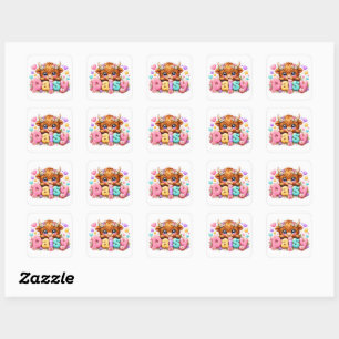 Schattige Kawaii Daisy Highland Koe Naam Pastel Ro Vierkante Sticker