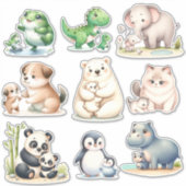 Schattige Kawaii Dieren: Baby en Moeder Stickers (Voorkant)