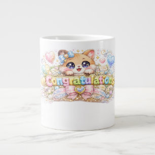 Schattige Kawaii Felicitaties Kat Pastel Roze Bloe Extra Grote Beker