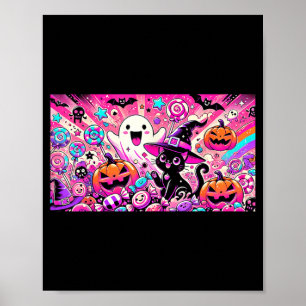 Schattige Kawaii Halloween Geest En Zwarte Kat Kun Poster