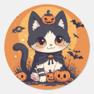 Schattige Kawaii Halloween Kat Met Pompoenen En Vl Ronde Sticker