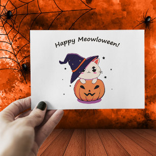 Schattige Kawaii Heksenkat in Halloween Pompoen Briefkaart