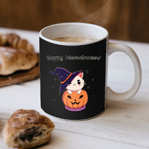 Schattige Kawaii Heksenkat in Halloween Pompoen Koffiemok