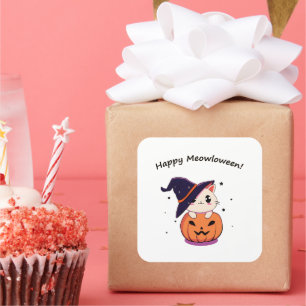 Schattige Kawaii Heksenkat in Halloween Pompoen Vierkante Sticker