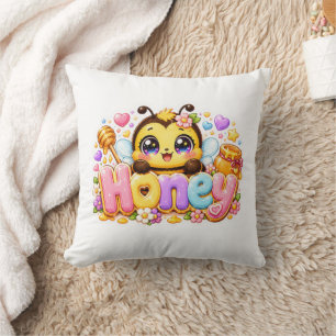 Schattige Kawaii Honingbij Naam Pastel Roze Glanze Kussen