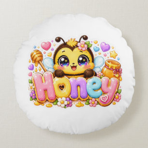 Schattige Kawaii Honingbij Naam Pastel Roze Glanze Rond Kussen