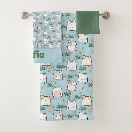 Schattige kawaii kat patroon groen blauw naam bad handdoek (Insitu)