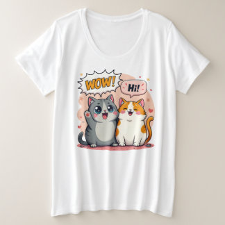 Schattige Kawaii Katten Strip Zegt Wow en Hoi Plus Grote Maat T-shirt
