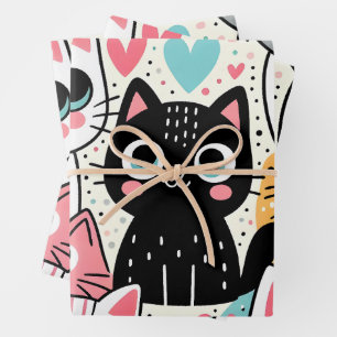 Schattige Kawaii Kattengezichtjes en Hartjes Whims Inpakpapier Vel