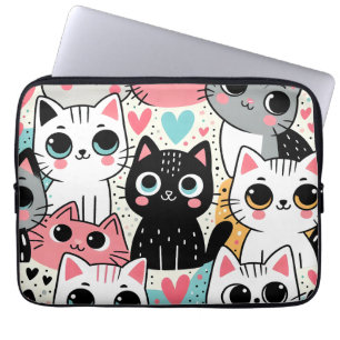 Schattige Kawaii Kattengezichtjes en Hartjes Whims Laptop Sleeve
