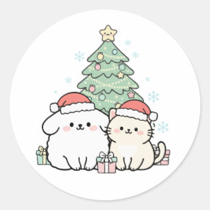 Schattige Kawaii Kerstkat & Hond Festive Vakantie Ronde Sticker