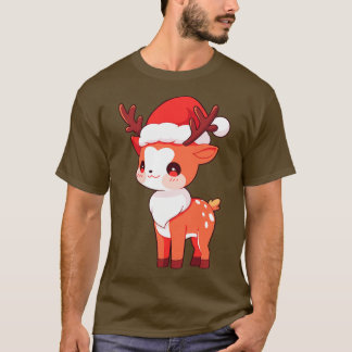 Schattige Kawaii Kerstrendier in Santa Hat T-shirt