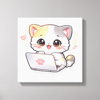 Schattige Kawaii Laptop Kat Sticker | Aardige Chib Canvas Afdruk