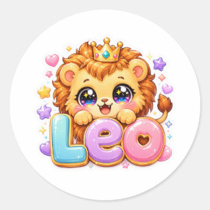 Schattige Kawaii Leeuw Leeuw Naam Pastel Roze Kroo Ronde Sticker