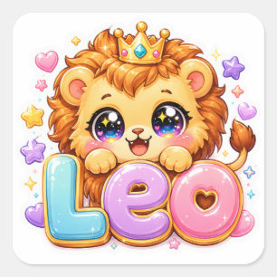 Schattige Kawaii Leeuw Leeuw Naam Pastel Roze Kroo Vierkante Sticker