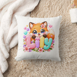 Schattige Kawaii Lily Fox Naam Pastel Roze Bloemig Kussen