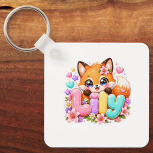 Schattige Kawaii Lily Fox Naam Pastel Roze Bloemig Sleutelhanger