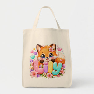 Schattige Kawaii Lily Fox Naam Pastel Roze Bloemig Tote Bag