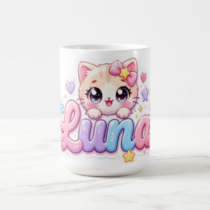 Schattige Kawaii Luna Kat Naam Pastel Roze Glanzen Koffiemok