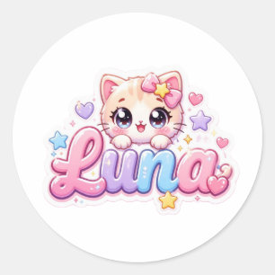 Schattige Kawaii Luna Kat Naam Pastel Roze Glanzen Ronde Sticker