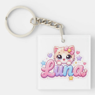 Schattige Kawaii Luna Kat Naam Pastel Roze Glanzen Sleutelhanger