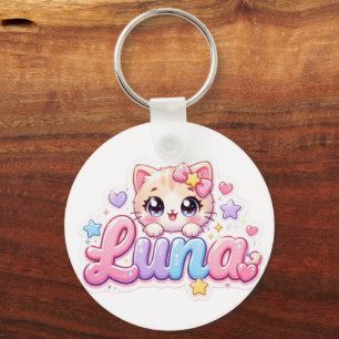 Schattige Kawaii Luna Kat Naam Pastel Roze Glanzen Sleutelhanger