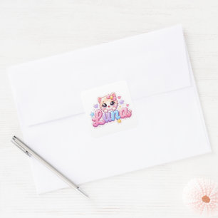 Schattige Kawaii Luna Kat Naam Pastel Roze Glanzen Vierkante Sticker