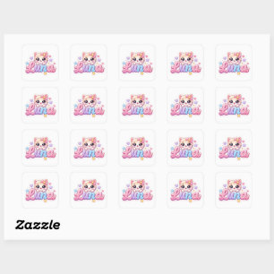 Schattige Kawaii Luna Kat Naam Pastel Roze Glanzen Vierkante Sticker