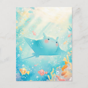Schattige Kawaii Manta Rog Zonnige Oceaan Briefkaart